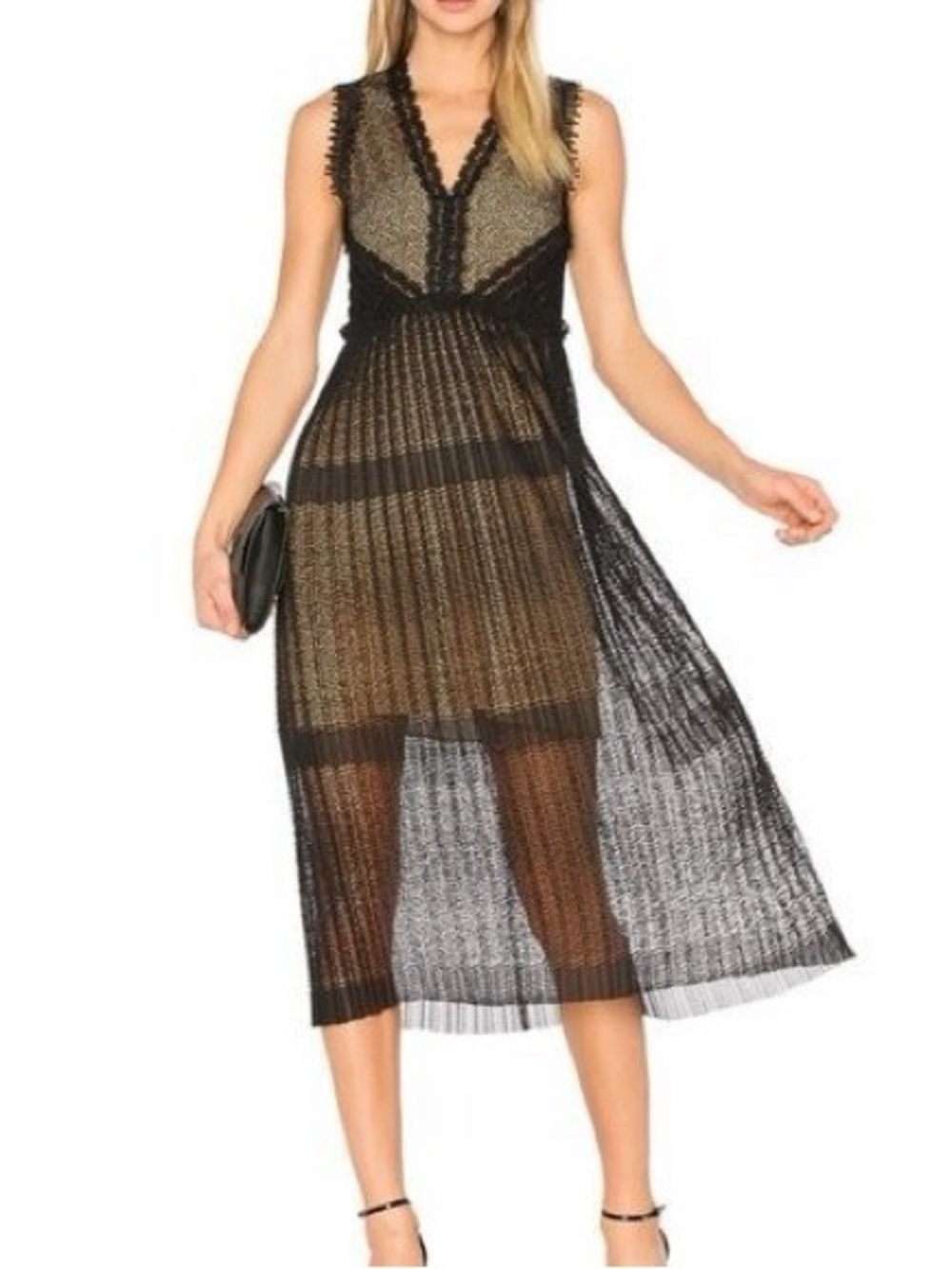 Alexis “Bryana” Black Plisse Lace Sleeveless Midi Dress Sz XS NWOT